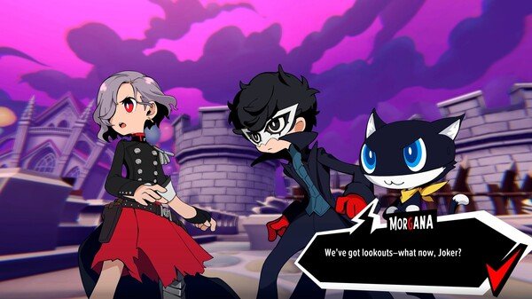 Persona 5 Tactica screenshot: Three characters stand alert in a castle courtyard under a vivid pink sky, discussing strategy.