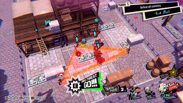 Persona 5 Tactica screenshot: Turn-based battle scene with characters strategizing against enemies on a grid map.