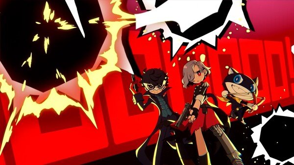 Screenshot from Persona 5 Tactica showing three characters in dynamic poses against a red and black background with explosive effects.