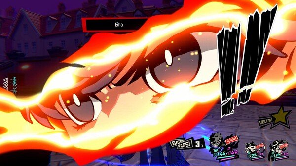 Screenshot from Persona 5 Tactica showing a close-up of fiery eyes during an attack move, with character health bars visible below.