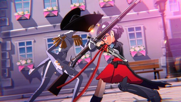 Screenshot from Persona 5 Tactica showing a dynamic battle sequence between two characters in front of a flower-adorned building.