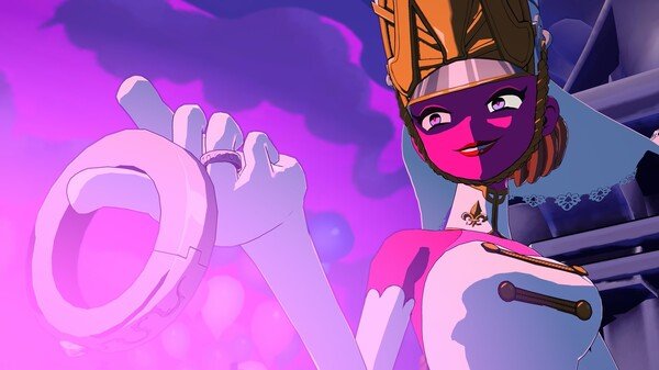Screenshot from Persona 5 Tactica showing a stylized character in a pink and white outfit with a crown, surrounded by purple lighting.