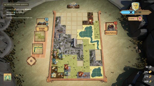 Screenshot of Drop Duchy game showing a strategic map with various buildings, marked areas, and active faction quests on the left.