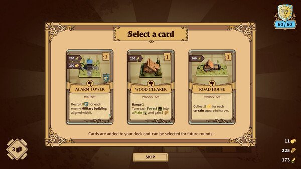 Screenshot from Drop Duchy showing three card options: Alarm Tower, Wood Clearer, and Road House, with scores and resources.