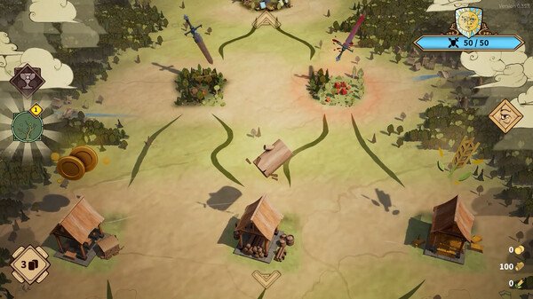 Screenshot of Drop Duchy showing a landscape with small wooden huts, paths, and resource icons on a strategic game map.