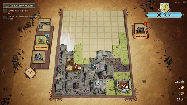 Drop Duchy screenshot: A strategic game board displays a stronghold, watchtower, and quests with faction progress and resources.