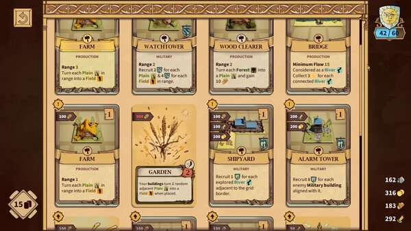 Screenshot of Drop Duchy showing various card options like Farm, Watchtower, and Bridge with different stats and effects.