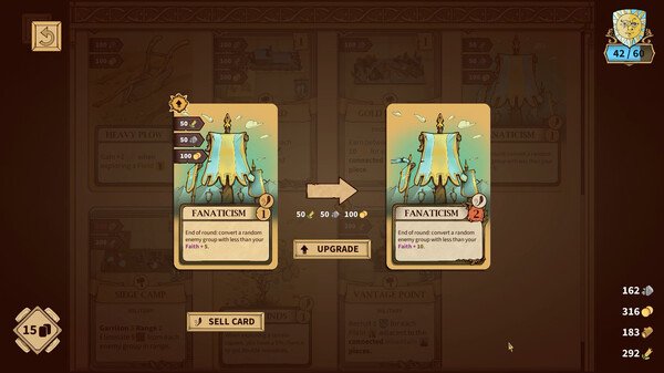 Drop Duchy screenshot: Card upgrade menu displaying "Fanaticism" card details, stats, and options to sell or upgrade.