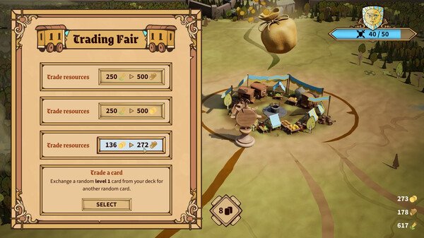 Drop Duchy screenshot: A trading fair menu is open, displaying trade options and a small village scene on a map.