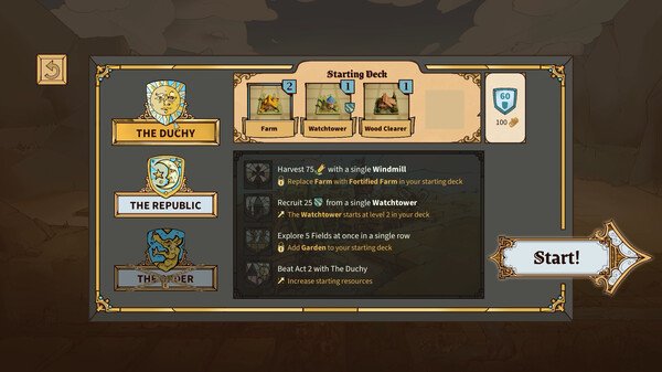 Drop Duchy screenshot: Starting deck menu with card choices like Farm and Watchtower, alongside objectives and factions.
