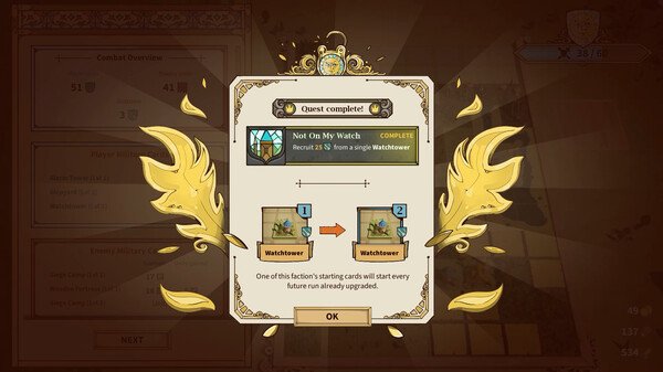 Screenshot from Drop Duchy game showing "Quest Complete" screen for "Not On My Watch," with watchtower cards displayed.