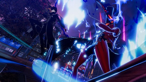 Screenshot from Persona 5 Strikers showing a dynamic battle scene with a character and their persona, surrounded by vibrant energy effects.