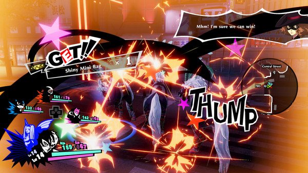 A screenshot from Persona 5 Strikers showing a battle scene with vibrant effects, characters fighting, and a "GET!" notification.