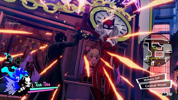 Screenshot from Persona 5 Strikers showing characters in action with vibrant effects, set in Shibuya Jail, Central Street.