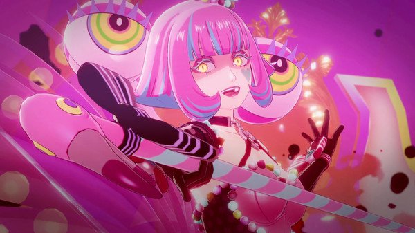 Screenshot from Persona 5 Strikers showing a colorful character with pink hair, vibrant outfit, and strikingly bright surroundings.