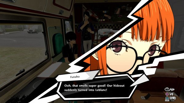Screenshot from Persona 5 Strikers showing a close-up of Futaba with text dialogue, inside a vehicle with another character.