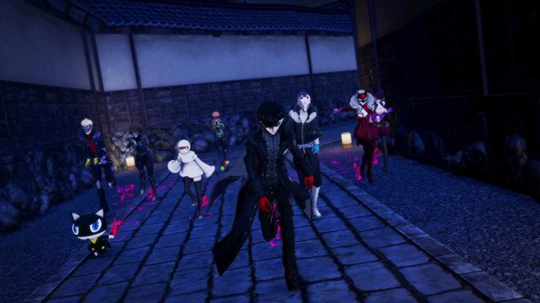 Screenshot of Persona 5 Strikers showing Joker and his team in action, running through a dark alley.