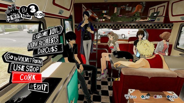 Persona 5 Strikers screenshot: Characters gather inside a campervan, discussing options like 'Explore Jail' and 'Cook' on screen.
