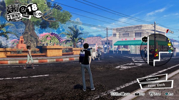 Persona 5 Strikers screenshot: Character exploring a sunny street in Okinawa, with a map and objectives visible on screen.