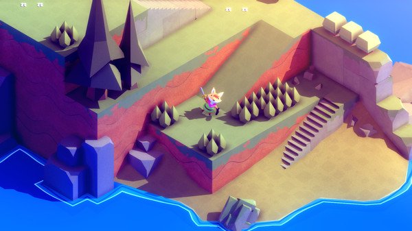 TUNIC screenshot: A fox character explores a colorful, polygonal landscape with trees, cliffs, and a staircase leading to the water's edge.