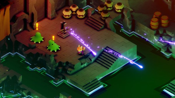 Screenshot from TUNIC showing a fox character encountering green blob enemies near a staircase in a glowing cavern setting.