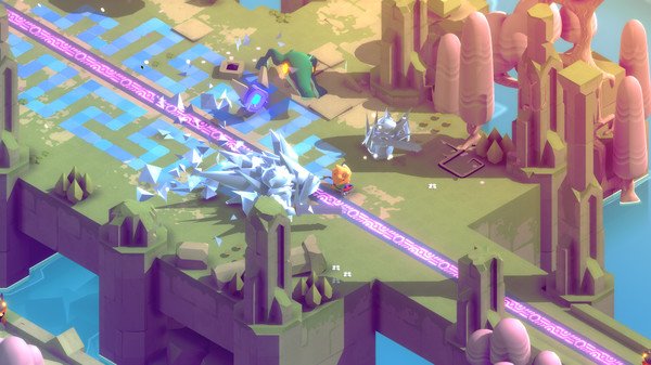 Screenshot from TUNIC showing a fox-like character navigating a colorful, puzzle-filled landscape with crystal formations and ruins.