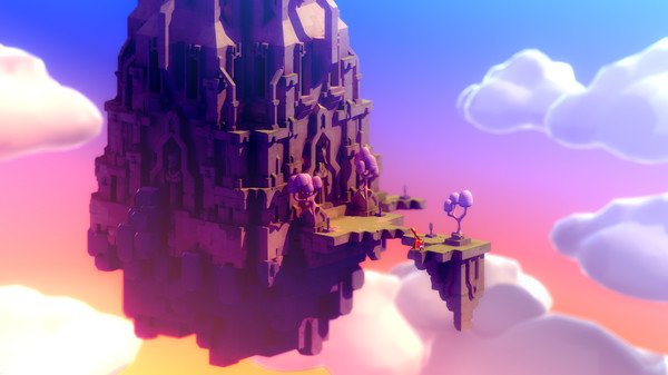 TUNIC screenshot: A picturesque floating island with a towering structure, lush greenery, and vibrant skies filled with fluffy clouds.