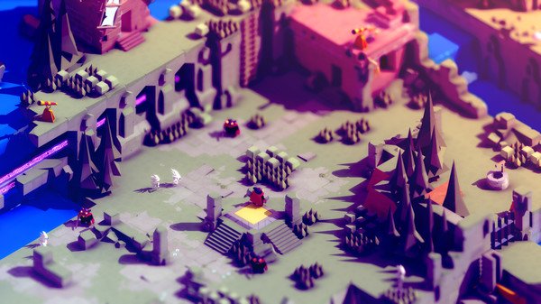 Screenshot from TUNIC showing a fox exploring a colorful, isometric landscape with ruins, trees, and enemies scattered around.