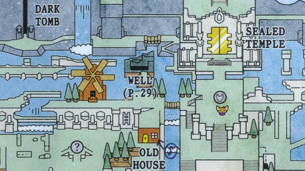 TUNIC screenshot showing a colorful map with labeled locations like Dark Tomb, Sealed Temple, Windmill, Well, and Old House.