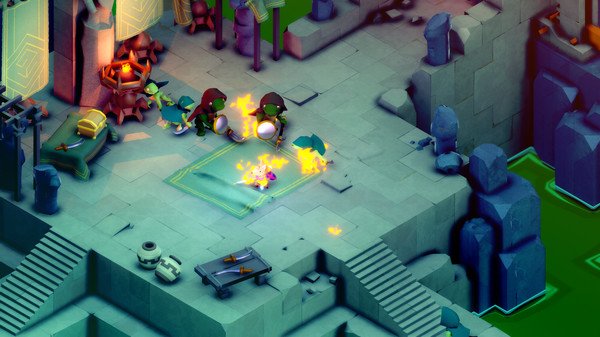 TUNIC screenshot: A small fox battles green enemies with fire attacks in a colorful, stone dungeon environment.