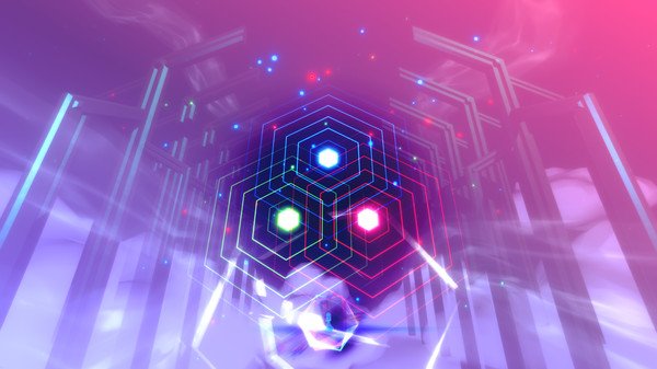 Screenshot from TUNIC featuring a glowing hexagonal pattern with colorful nodes in an ethereal, misty environment.