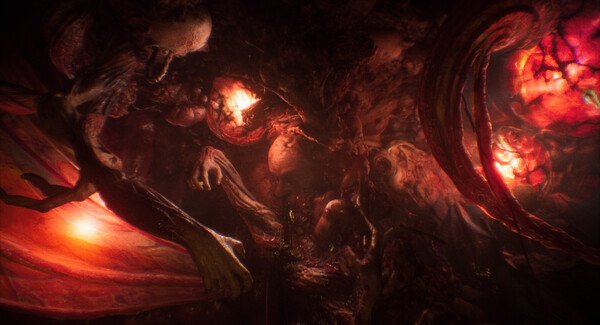 Screenshot from 'Still Wakes the Deep' showing a dark, eerie environment with twisted, organic shapes and glowing red lights.