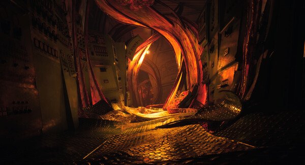 Screenshot from Still Wakes the Deep showing a glowing, twisted organic structure in a dimly lit industrial corridor.