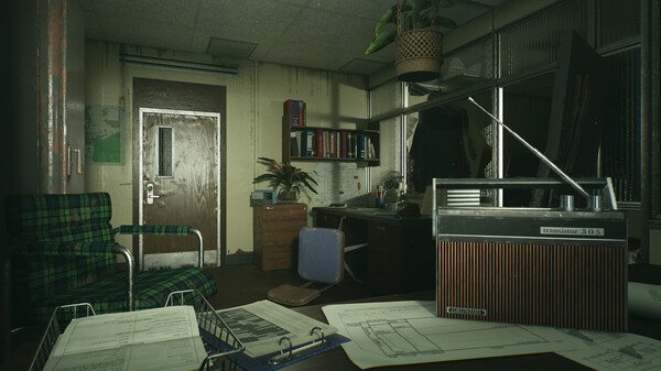 Screenshot from 'Still Wakes the Deep' showing a dimly lit office with vintage furniture, a radio, and scattered papers.