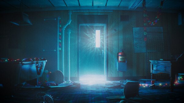 Screenshot from "Still Wakes the Deep" showing a dimly lit room with scattered papers and a glowing door at the center.