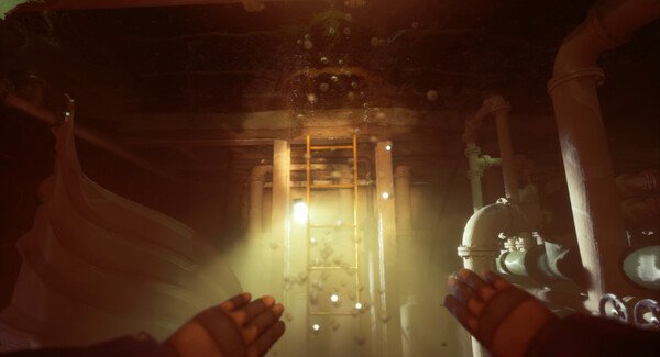 Screenshot from Still Wakes the Deep: A pair of hands reach towards a glowing ladder surrounded by pipes in dim lighting.