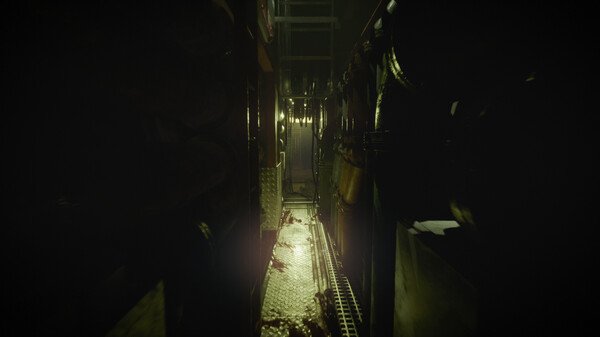Screenshot from Still Wakes the Deep showing a dimly lit industrial corridor with pipes and grates, creating an eerie atmosphere.