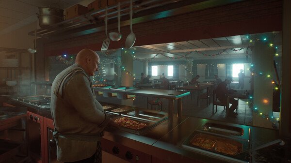 Screenshot from 'Still Wakes the Deep' showing a man serving food in a festive, decorated cafeteria setting.