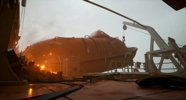 Screenshot from "Still Wakes the Deep" showing a large, orange lifeboat on a stormy ship deck, with sparks and debris around.