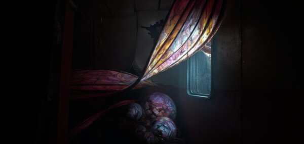 A "Still Wakes the Deep" screenshot showing a dark room with mysterious, organic tendrils and a dim light from a window.