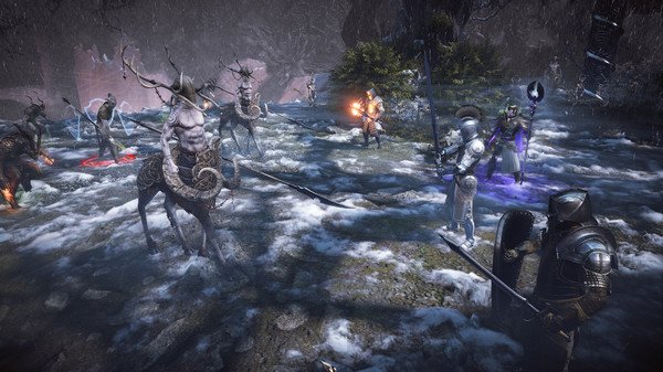 Screenshot from King Arthur: Knight's Tale featuring knights in armor battling horned creatures in a snowy forest setting.