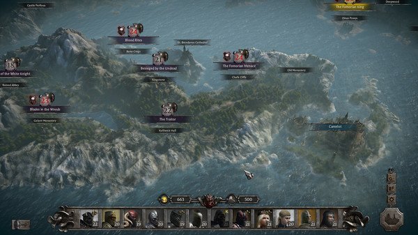 Screenshot from King Arthur: Knight's Tale showing a detailed map with various labeled locations and character icons.