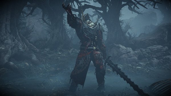 A dark, armored figure wields a massive sword in a misty, eerie forest in this King Arthur: Knight's Tale game screenshot.