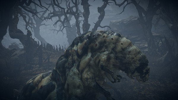 A screenshot from King Arthur: Knight's Tale showing a grotesque creature in a dark, eerie forest with twisted trees.