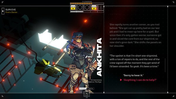 Screenshot from Citizen Sleeper showing a character named Ankita, a mercenary, with dialogue options on the right side.