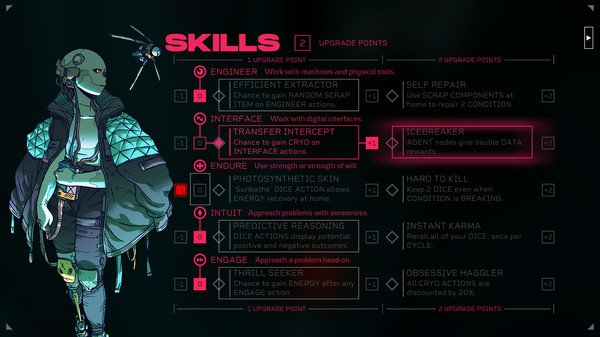 Citizen Sleeper screenshot: Skill tree interface showing upgrade options with a character and drone on the left side.