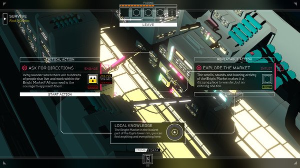 Screenshot from Citizen Sleeper showing interface options to ask for directions or explore the bustling Bright Market scene.