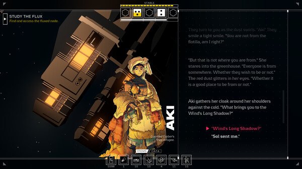 Screenshot from Citizen Sleeper: Aki stands next to text dialogue options, with a space station background and quest details.