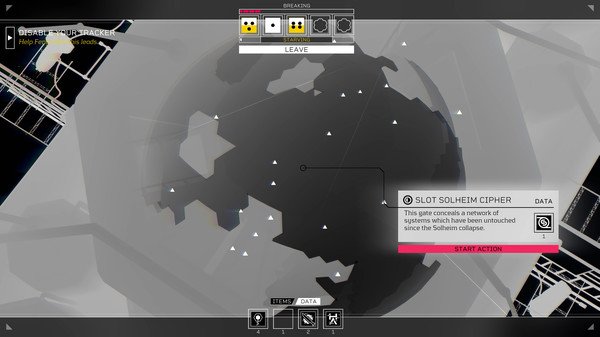 Citizen Sleeper screenshot: A network system interface with nodes and a Solheim Cipher slot option for action in a futuristic setting.