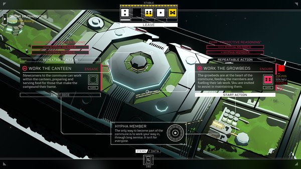 Screenshot of Citizen Sleeper showing the player interface with options to work in the canteen or growbeds on a futuristic station.